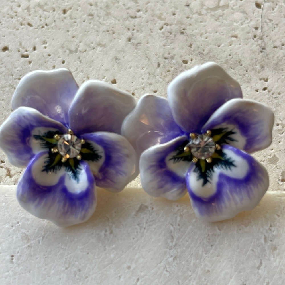 Les Néréides Pansy Flower Earrings 18k Gold Vermeil Hand Painted Floral Studs